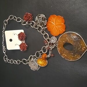 Elegant Silver and Orange Charm Necklace & ROSE EARRINGS